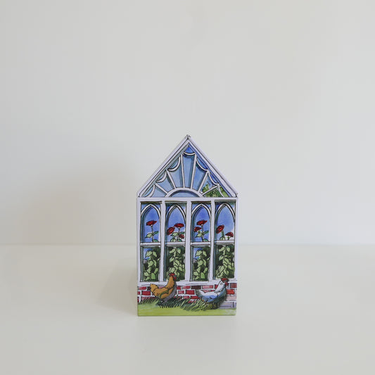 Decorative box with a stained glass window design featuring chickens and flowers on a white background
