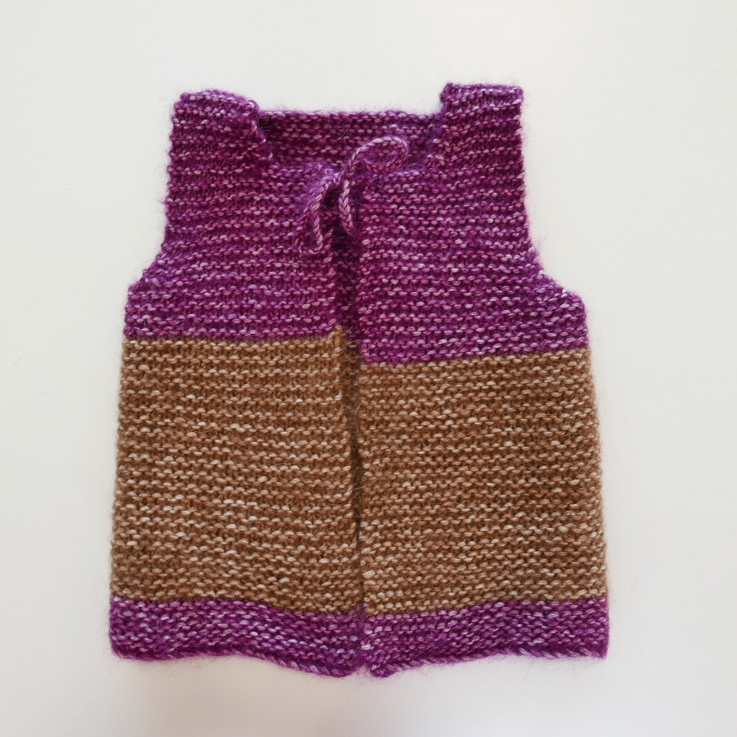 Knitted Vest, Bonnet and Booties in Coffee + Grape