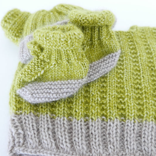 Knitted T Shirt with Beanie and Booties in Lime + Oatmeal