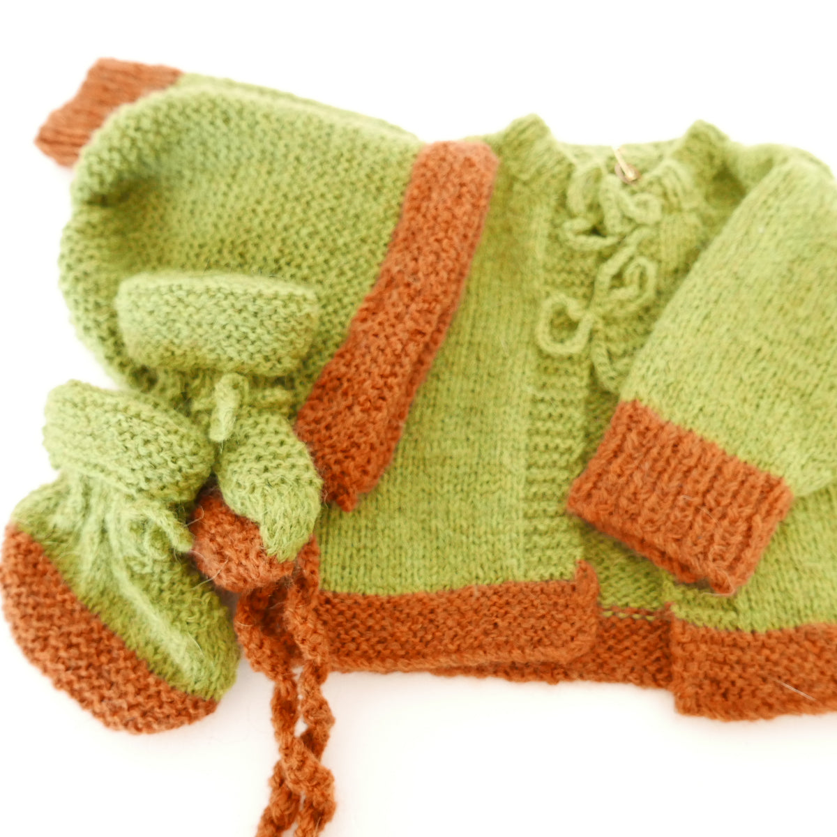 Knitted Cardigan Set in Green + Clay
