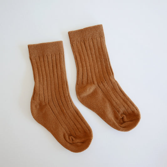 Pair of brown socks on a white background