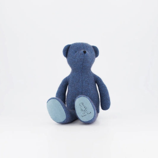 Handmade Large Ted plush bear in soft periwinkle blue, featuring stitched face and cuddly texture, photographed on a white background