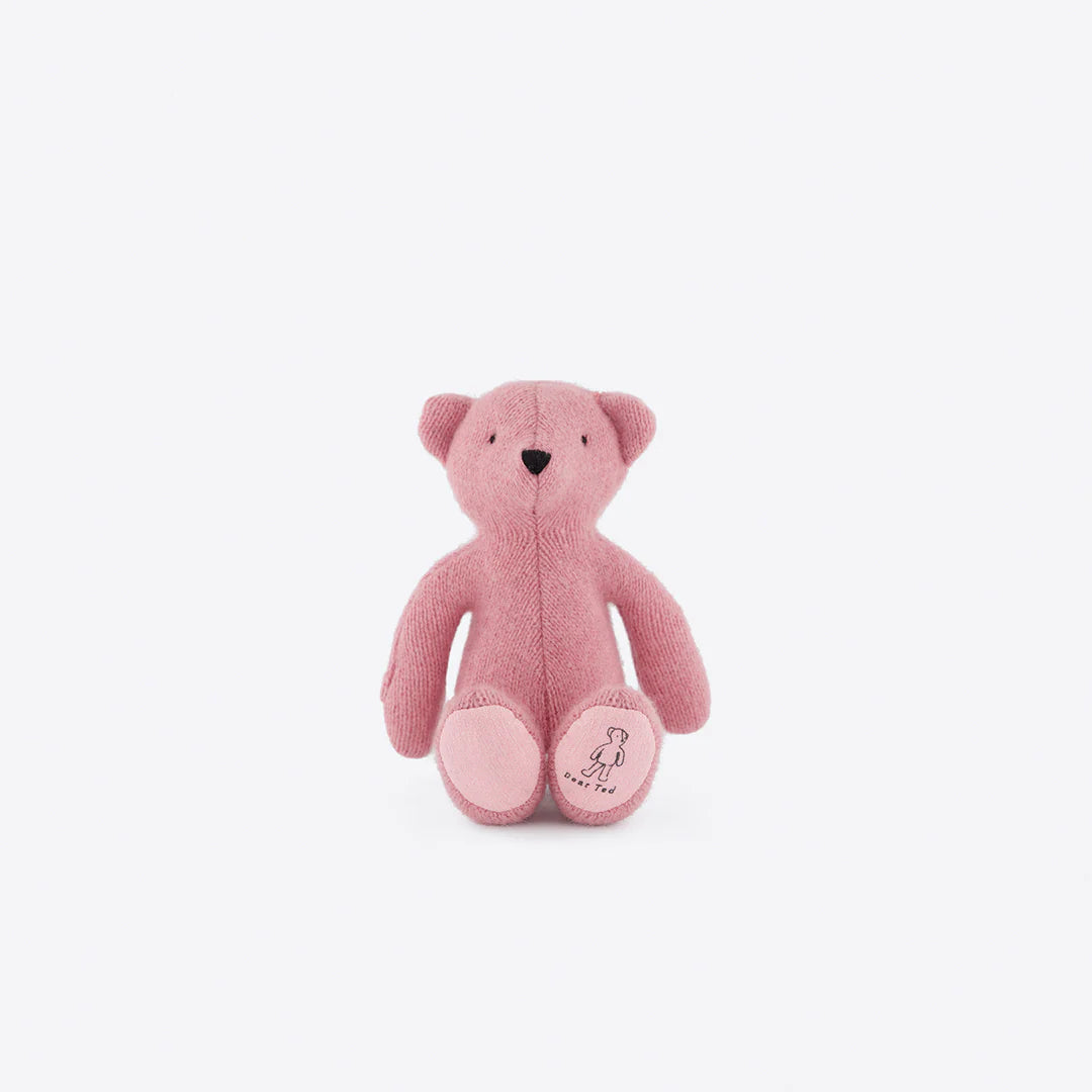 Plush Little Ted bear in pastel pink with embroidered face, crafted for comfort and imaginative play, displayed against white