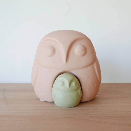 Ceramic owl-shaped object with a smaller green owl inside on a wooden surface.