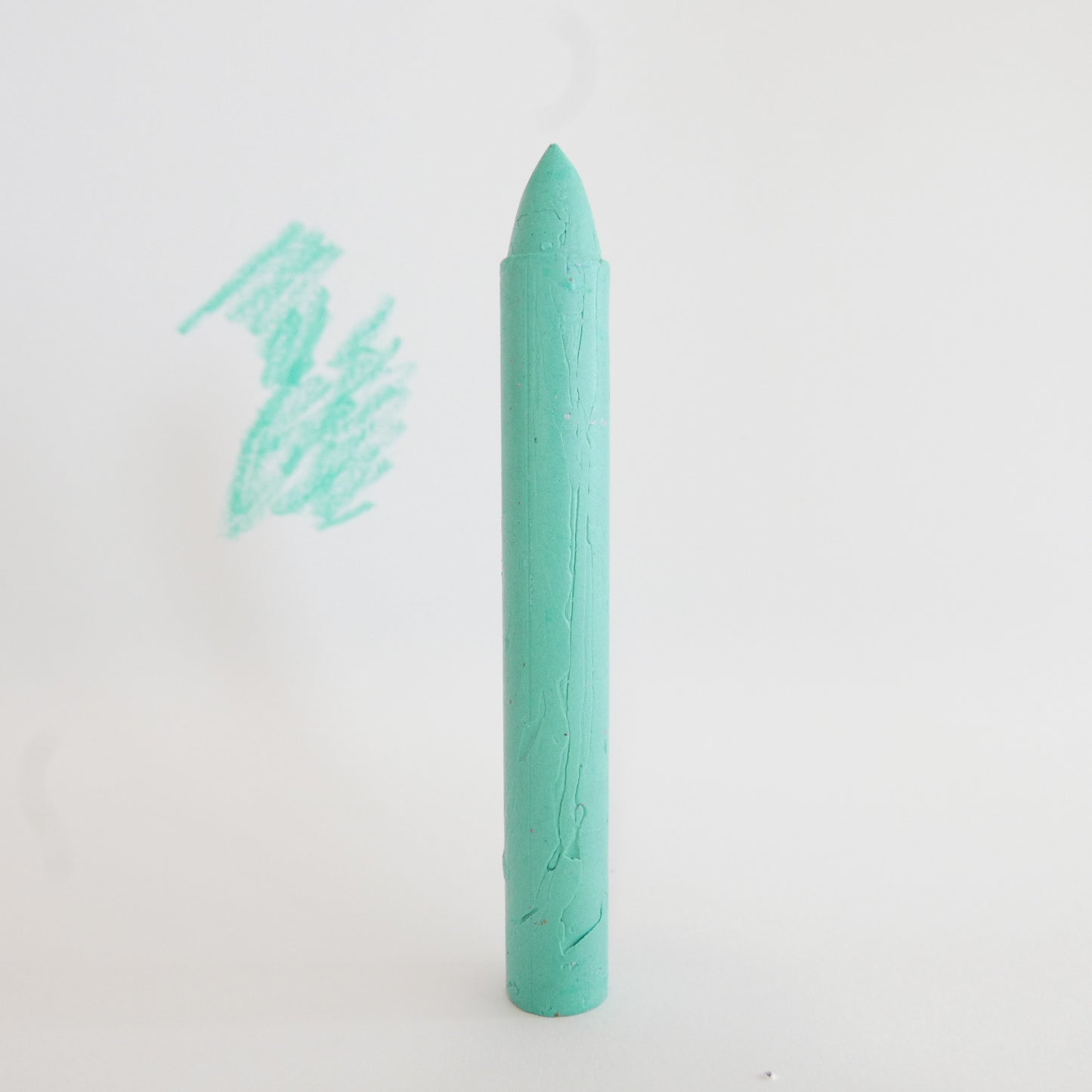 Mint green crayon on a white background with a small drawing of a horse.