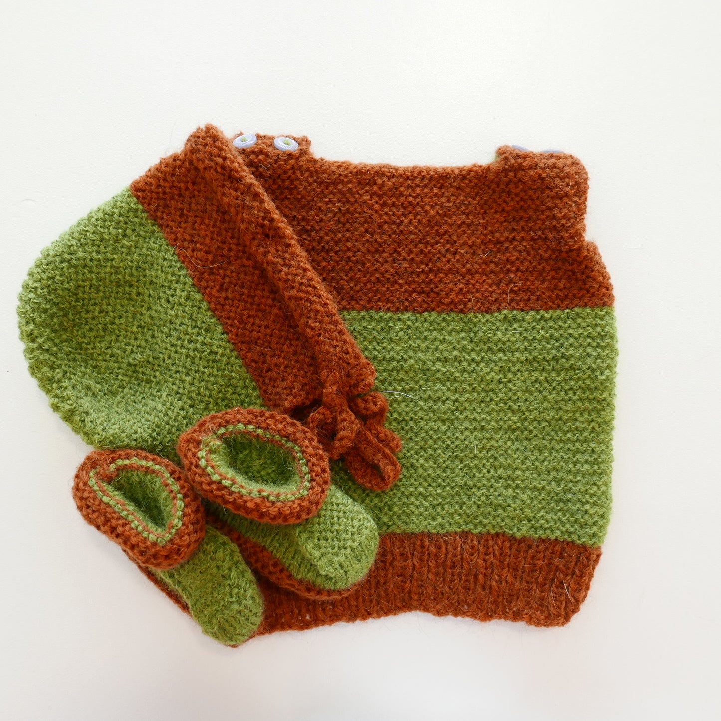Knitted Vest, Bonnet and Booties in Moss + Rust