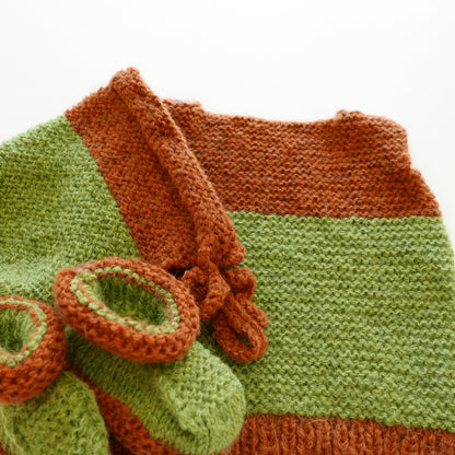 Knitted Vest, Bonnet and Booties in Moss + Rust