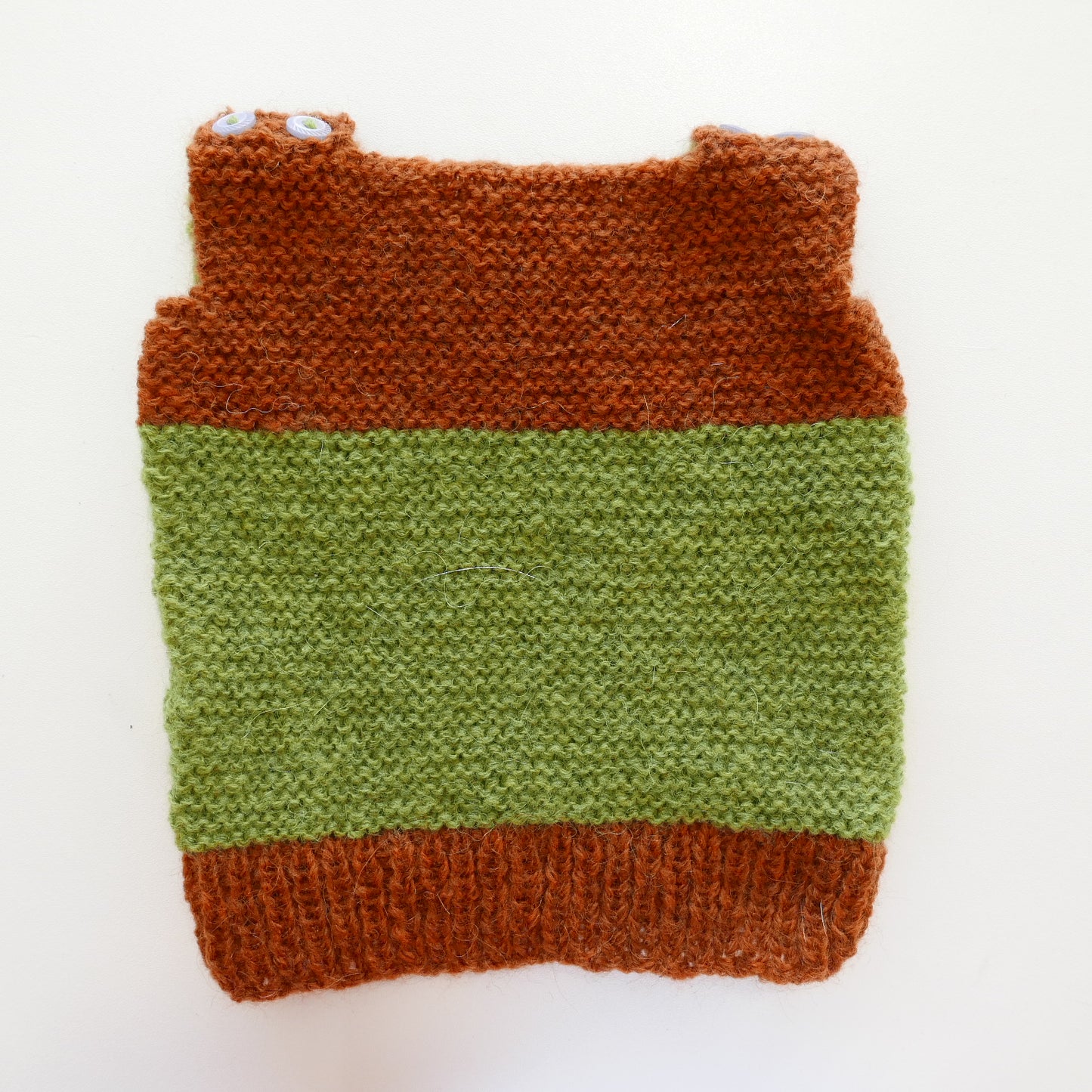 Knitted Vest, Bonnet and Booties in Moss + Rust