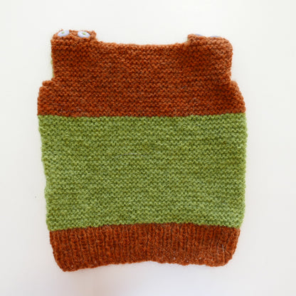 Knitted Vest, Bonnet and Booties in Moss + Rust