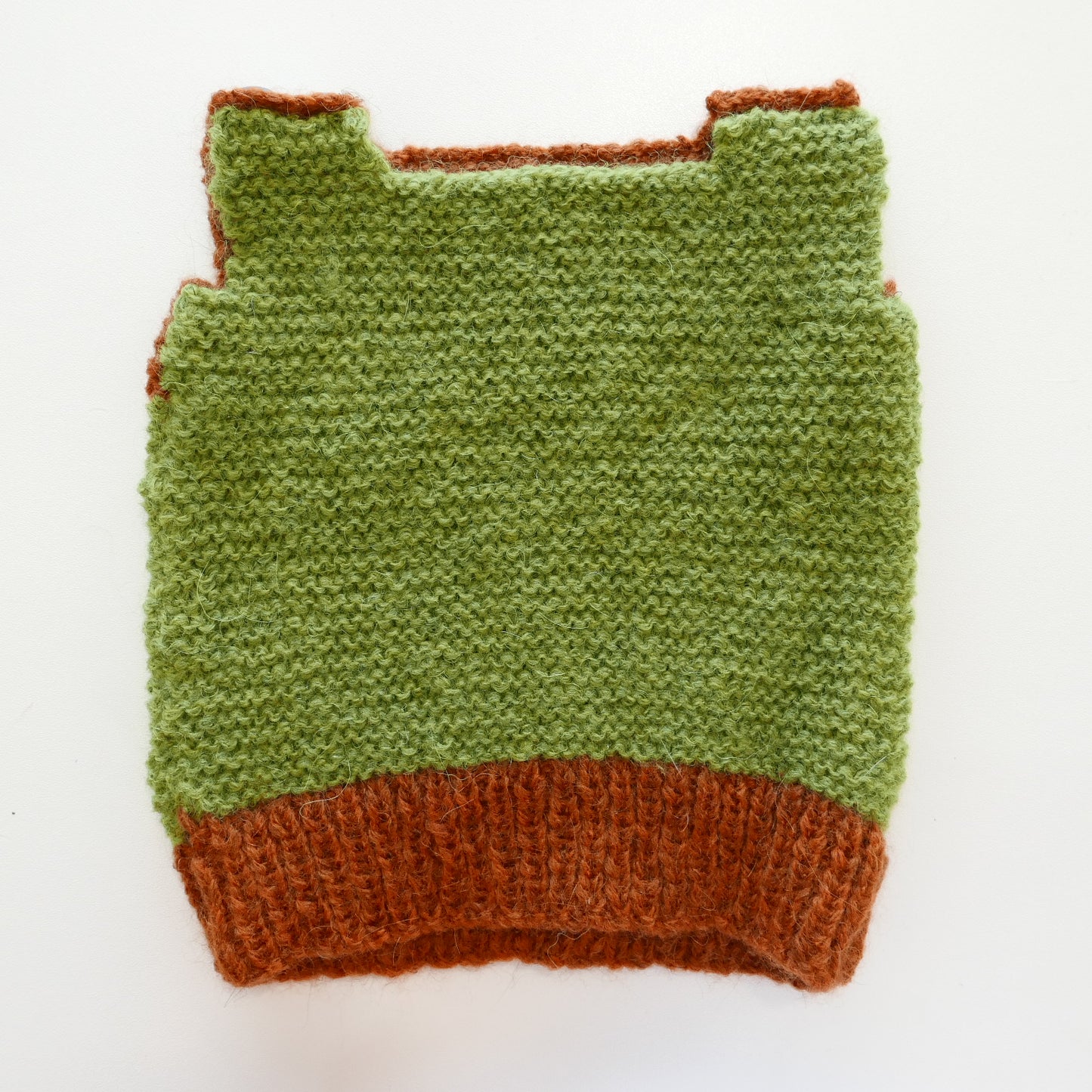 Knitted Vest, Bonnet and Booties in Moss + Rust