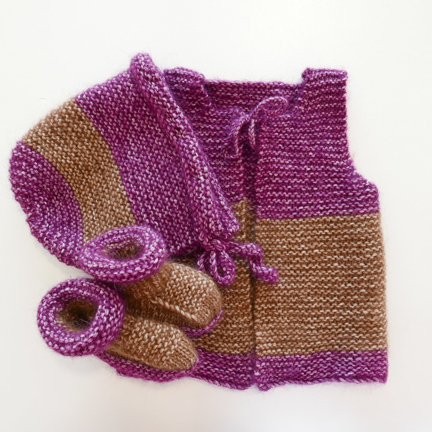 Knitted Vest, Bonnet and Booties in Coffee + Grape