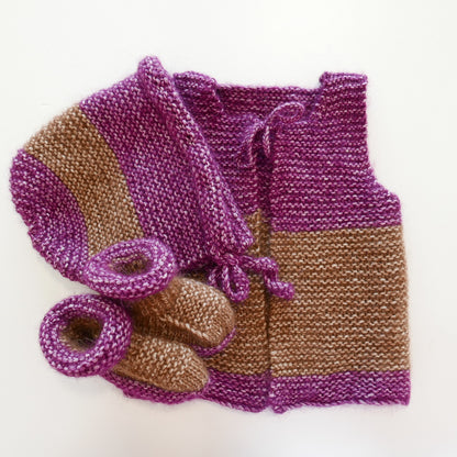 Knitted Vest, Bonnet and Booties in Coffee + Grape