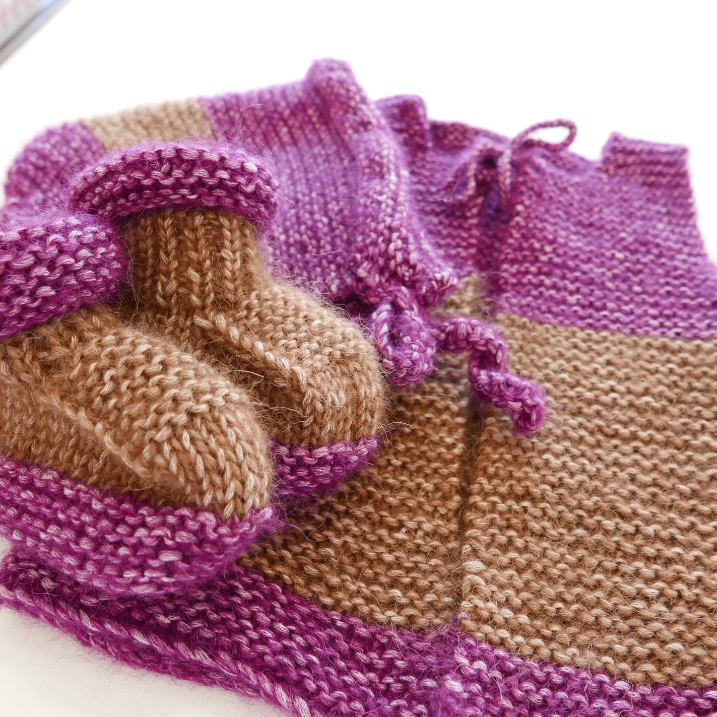 Knitted Vest, Bonnet and Booties in Coffee + Grape