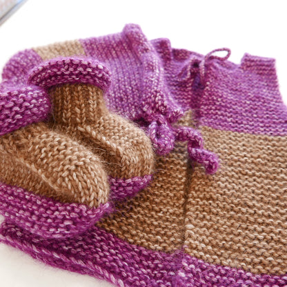 Knitted Vest, Bonnet and Booties in Coffee + Grape