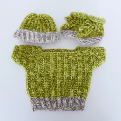 Knitted T Shirt with Beanie and Booties in Lime + Oatmeal