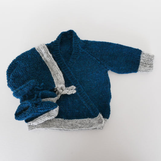 Cross Over Cardigan Set with Booties and Beanie