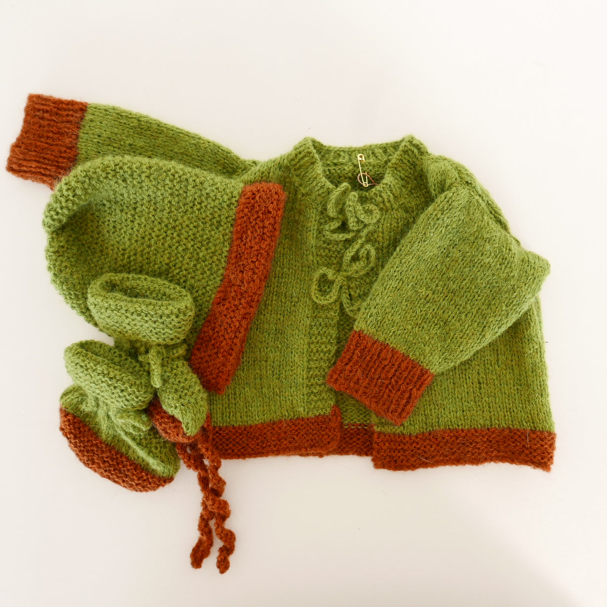 Knitted Cardigan Set in Green + Clay