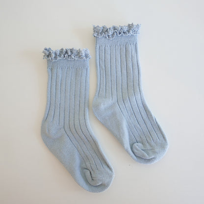 Pair of light blue socks with lace trim on a white background