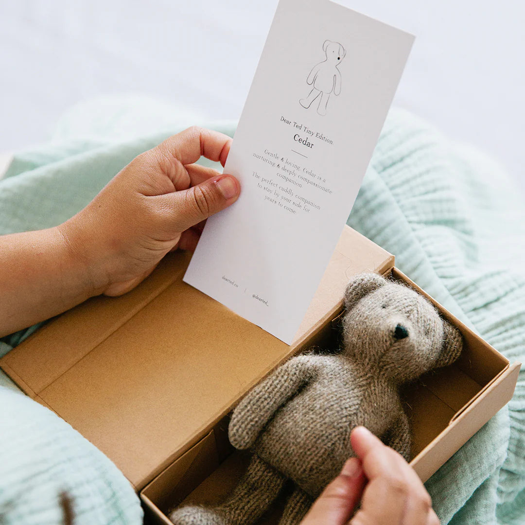 Person holding a knitted teddy bear and its packaging with a card on a light green blanket.
